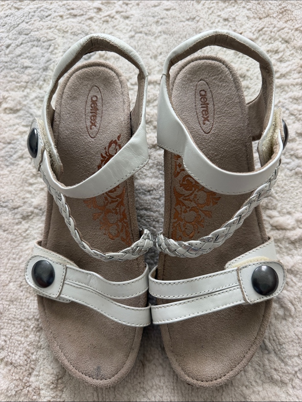 Aetrex White Braided Strap Wedge Sandals